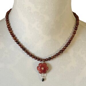 Bronze Pearl Necklace with Red Flower Pendant